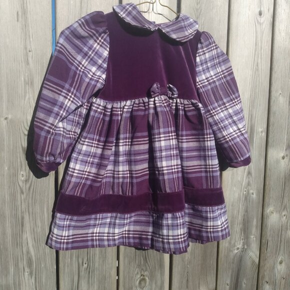 Vintage 80s Girls Dress Purple Plaid Velour 90s Prairie Pioneer Long Sleeves - Picture 2 of 10